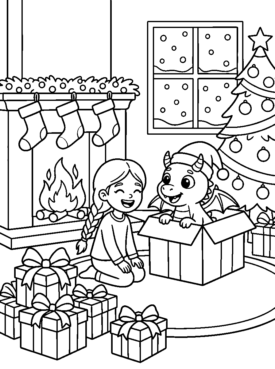 Coloring page: a laughing girl kneels next to a big box with a small dragon in a Santa hat peeking out. A fire burns in the fireplace below three stockings, with a Christmas tree, a pile of presents and snow falling outside the window.