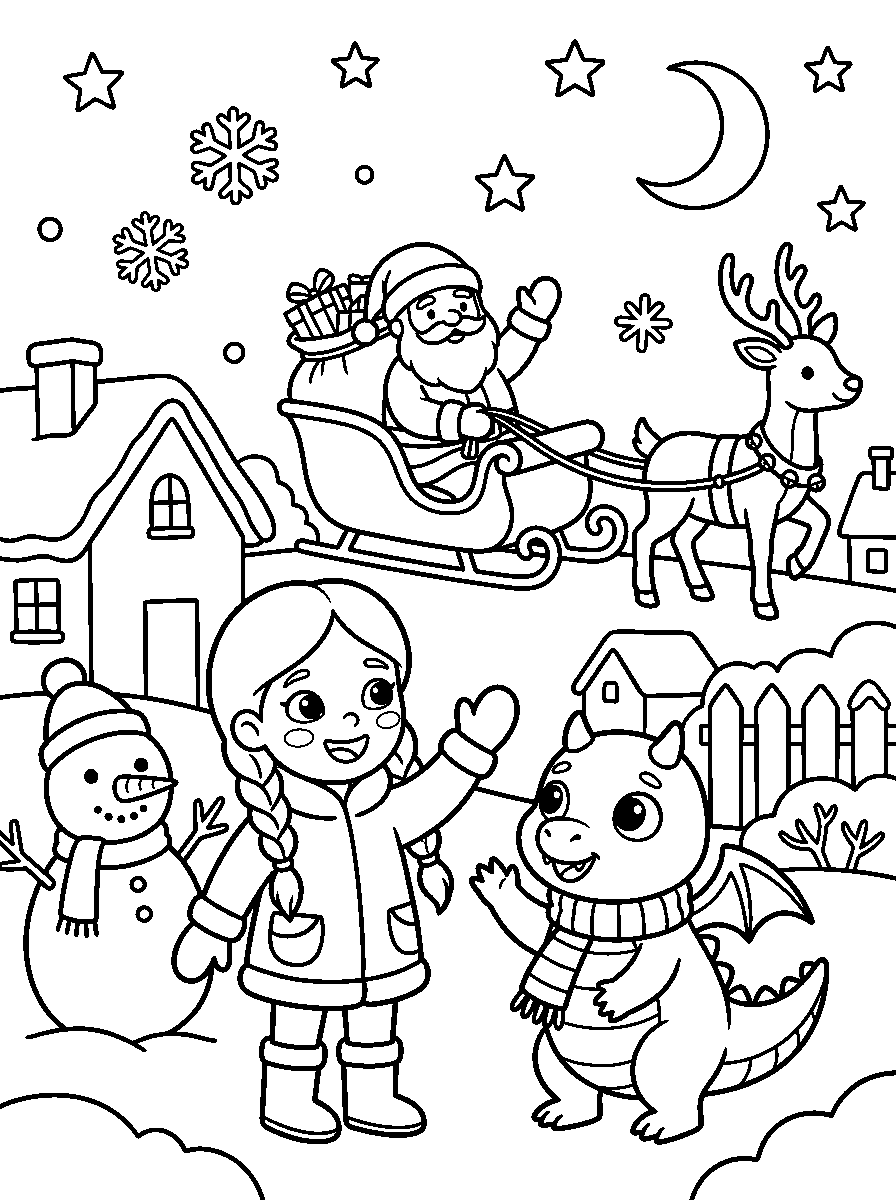 Coloring page: Santa in a sleigh with a sack of presents, pulled by a reindeer, waves to a girl in a winter coat and a small dragon wearing a scarf. A snowman with a carrot nose stands next to them, with snowy houses, a crescent moon, stars and snowflakes above.