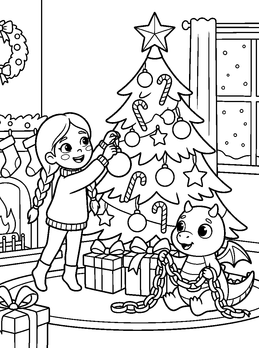 Coloring page: a girl with braids hangs an ornament on a Christmas tree with a star on top and candy canes, while a small dragon sits beside it holding a paper chain. Wrapped presents with bows lie under the tree and a wreath hangs on the wall.