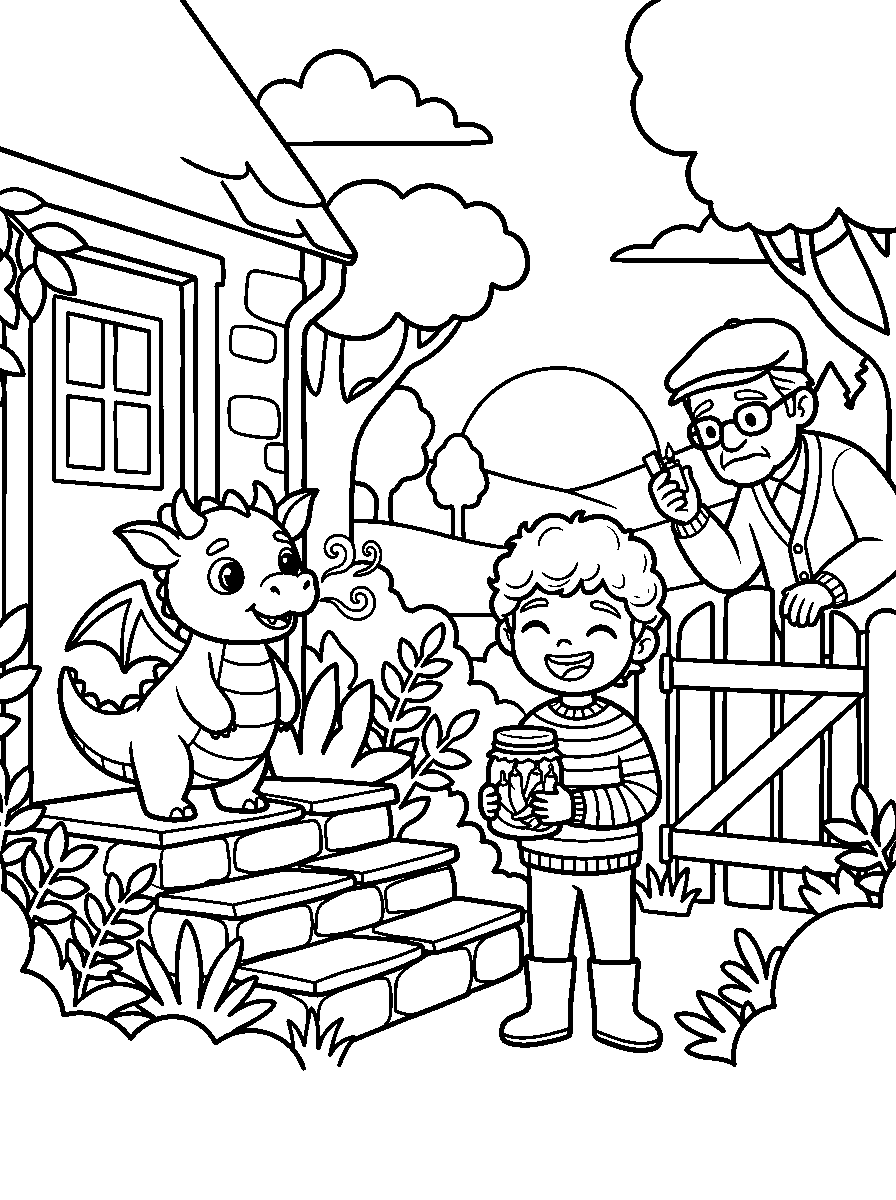Kolorowanka: uśmiechnięty chłopiec trzyma słoik obok małego smoka na kamiennych schodkach, o furtkę opiera się dziadek w czapce, a za drzewami zachodzi słońce.